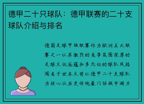 德甲二十只球队：德甲联赛的二十支球队介绍与排名